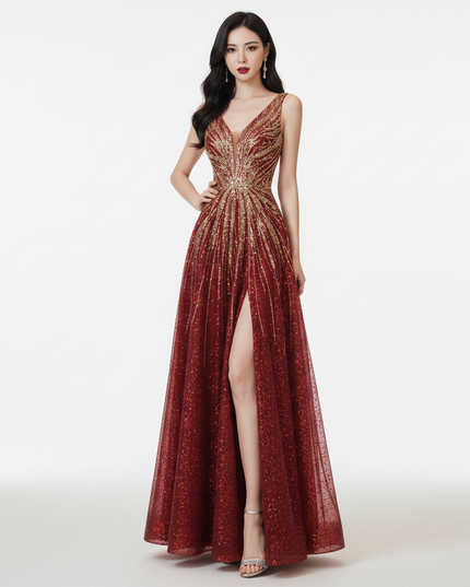 Bordeaux Pailletten Kleid Lang - Ansicht 5