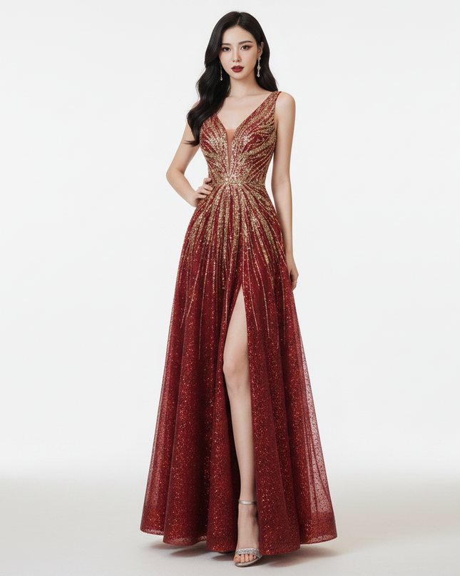 Bordeaux Pailletten Kleid Lang - Ansicht 5