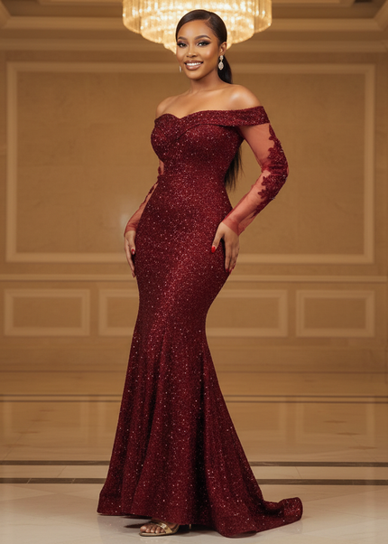 Glitzerkleid Bordeaux Langarm Abend - Ansicht 1