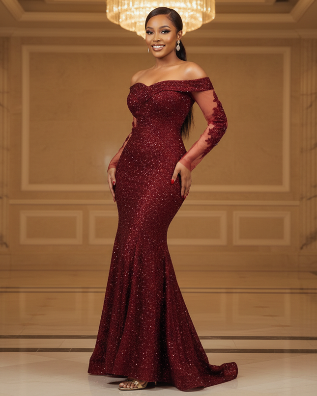 Glitzerkleid Bordeaux Langarm Abend - Ansicht 1