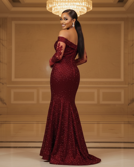 Glitzerkleid Bordeaux Langarm Abend - Ansicht 2
