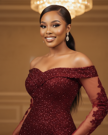 Glitzerkleid Bordeaux Langarm Abend - Ansicht 4