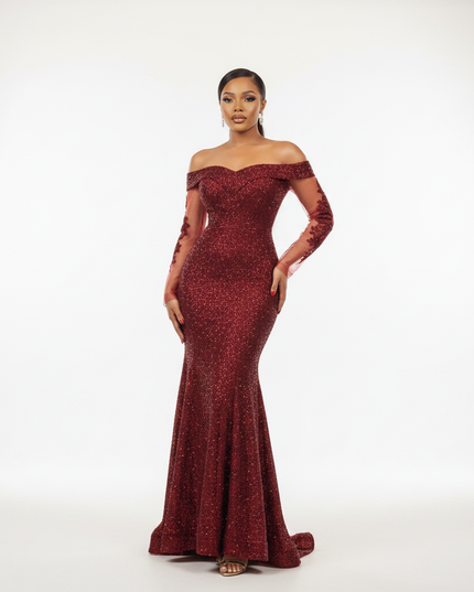 Glitzerkleid Bordeaux Langarm Abend - Ansicht 5