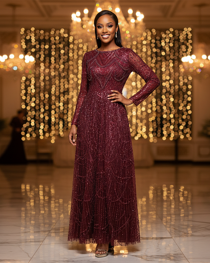 Bordeaux Glitzer Kleid Langarm A-Linie - Ansicht 1