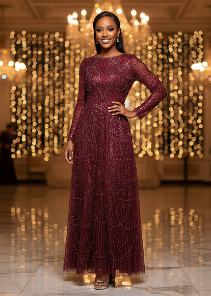 Bordeaux Glitzer Kleid Langarm A-Linie - Ansicht 1