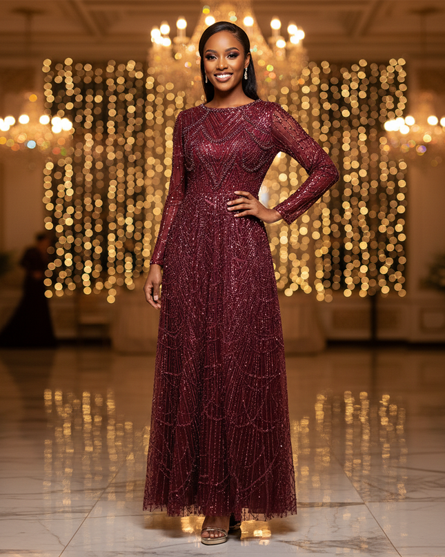 Bordeaux Glitzer Kleid Langarm A-Linie - Ansicht 1