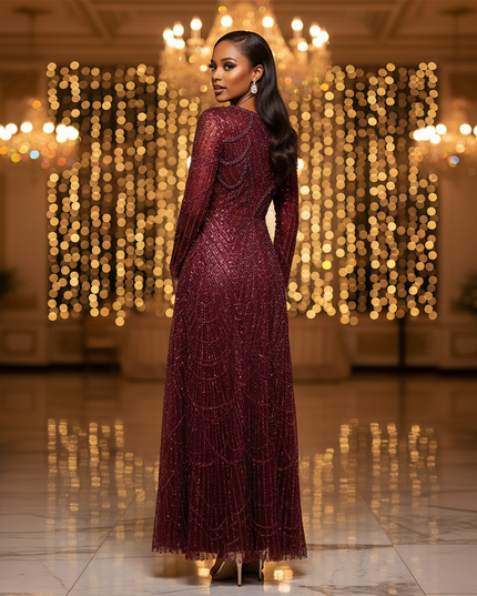 Bordeaux Glitzer Kleid Langarm A-Linie - Ansicht 2