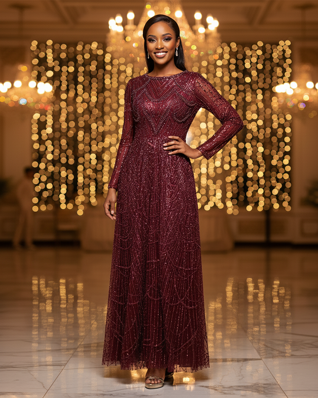 Bordeaux Glitzer Kleid Langarm A-Linie - Ansicht 4
