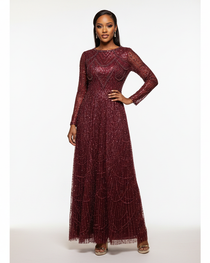 Bordeaux Glitzer Kleid Langarm A-Linie - Ansicht 5