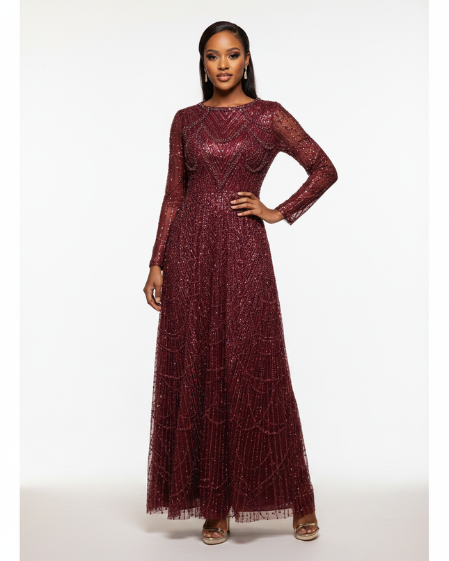 Bordeaux Glitzer Kleid Langarm A-Linie - Ansicht 5