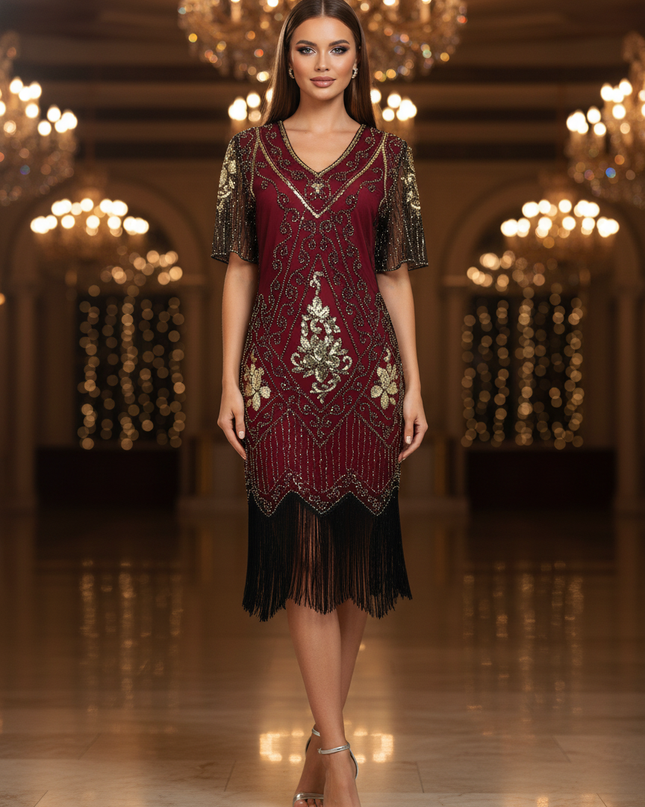 Bordeauxrotes Glitzer Kleid zum Abiball - Ansicht 1