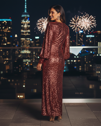 Bordeaux Glitzerkleid Hochzeit Langarm - Ansicht 2