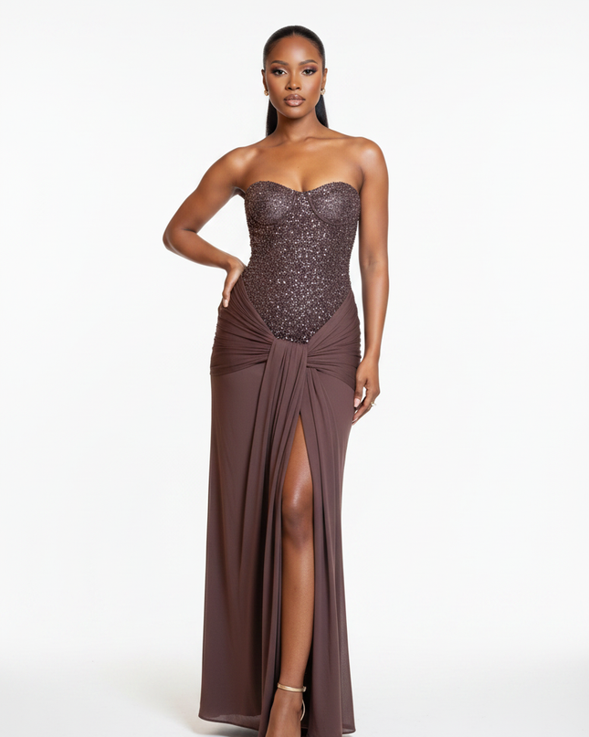 Braunes Pailletten Kleid Lang Korsett - Ansicht 5
