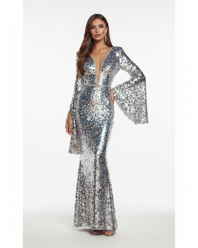 Buntes Pailletten Kleid Bell-Sleeve - Ansicht 5