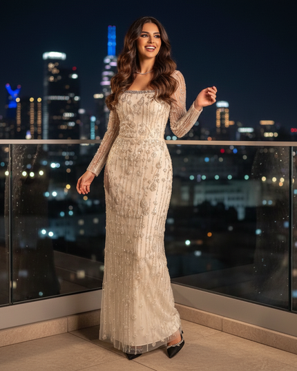 Champagner Glitzer Abendkleid bodenlang - Ansicht 1
