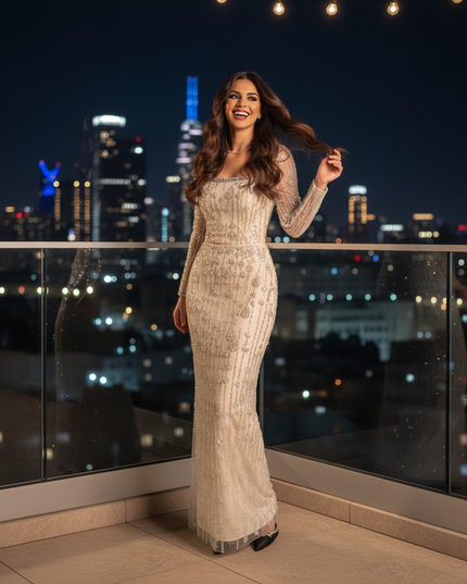 Champagner Glitzer Abendkleid bodenlang - Ansicht 3