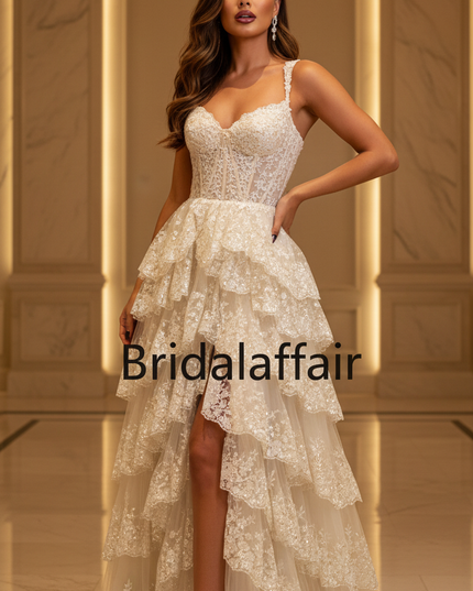 Creme Glitzer Ballkleid Spitze Lang - Ansicht 1