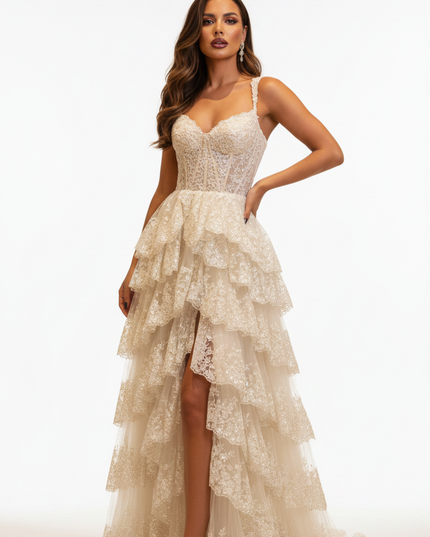 Creme Glitzer Ballkleid Spitze Lang - Ansicht 5