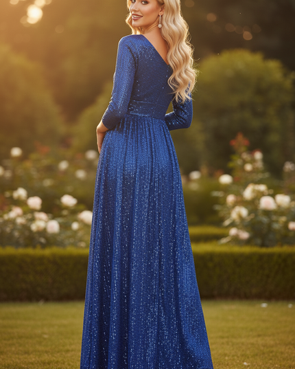 Dunkelblaues Glitzerkleid Langarm - Ansicht 2