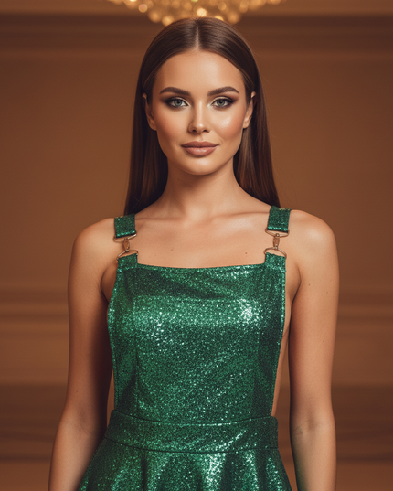 Dunkelgruenes Glitzer Kleid Kurz - Ansicht 4