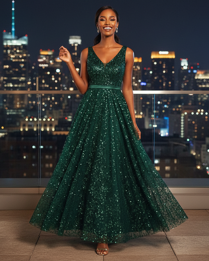 Dunkelgruenes Glitzerkleid Lang - Ansicht 1