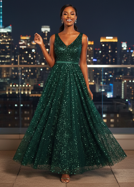 Dunkelgruenes Glitzerkleid Lang - Ansicht 1