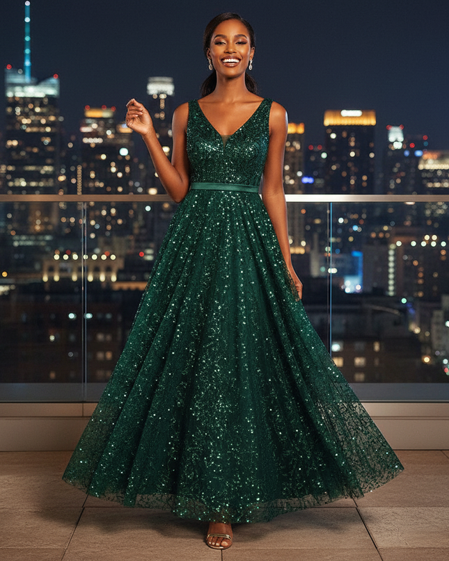 Dunkelgruenes Glitzerkleid Lang - Ansicht 1
