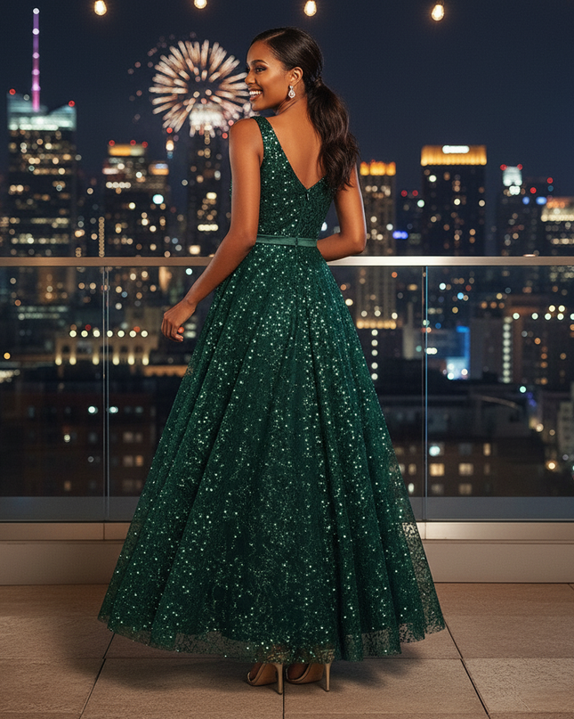Dunkelgruenes Glitzerkleid Lang - Ansicht 2