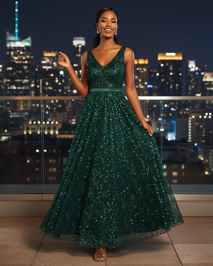 Dunkelgruenes Glitzerkleid Lang - Ansicht 3