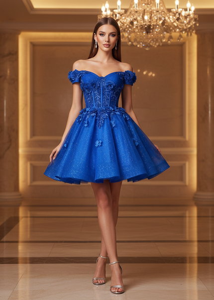 Blaues Glitzer Kleid Off-Shoulder - Ansicht 1