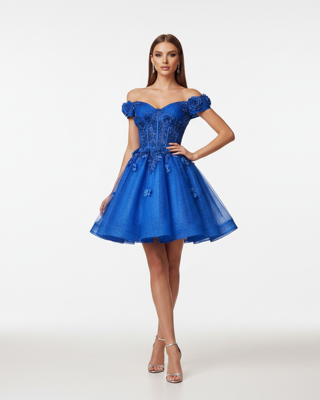 Blaues Glitzer Kleid Off-Shoulder - Ansicht 5