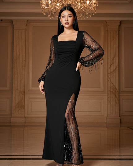 Schwarzes Glitzer Kleid Langarm - Ansicht 1