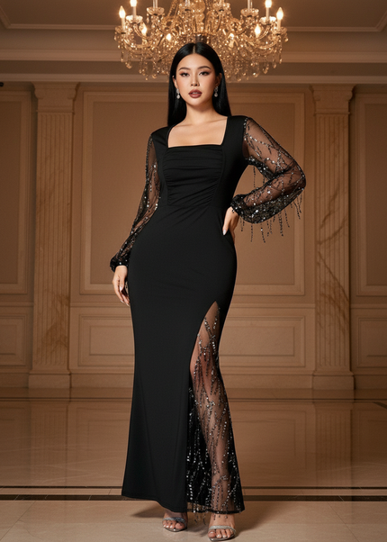 Schwarzes Glitzer Kleid Langarm - Ansicht 1
