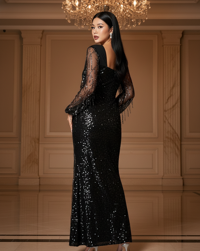 Schwarzes Glitzer Kleid Langarm - Ansicht 2