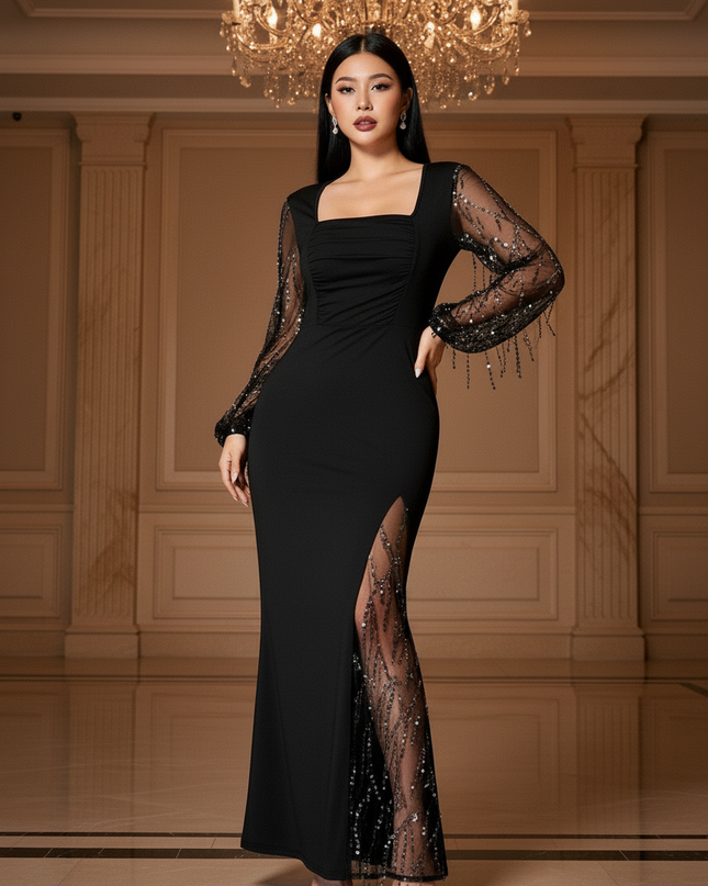 Schwarzes Glitzer Kleid Langarm - Ansicht 3