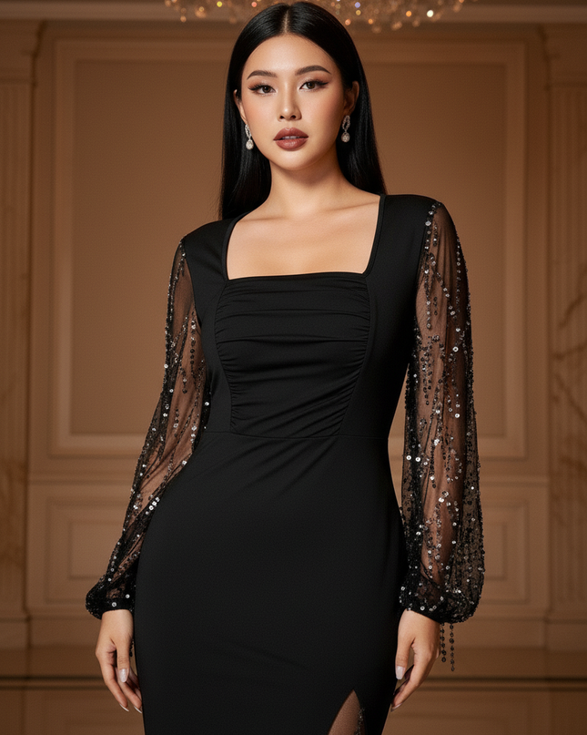 Schwarzes Glitzer Kleid Langarm - Ansicht 4