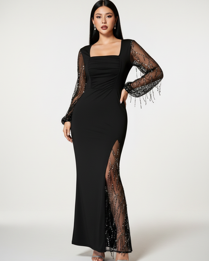 Schwarzes Glitzer Kleid Langarm - Ansicht 5