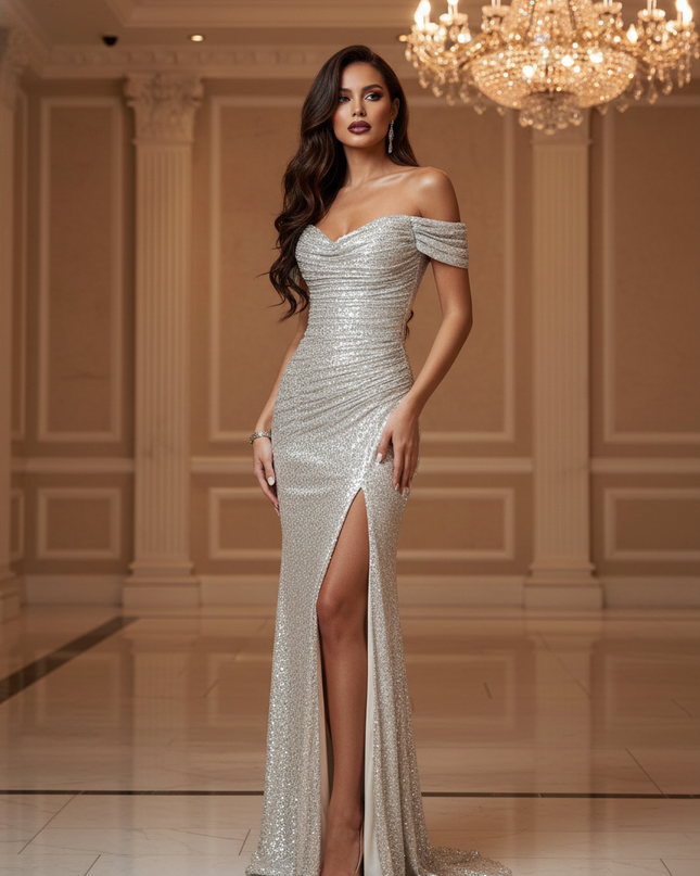 Silbernes Glitzer Kleid Mit Schlitz - Ansicht 1