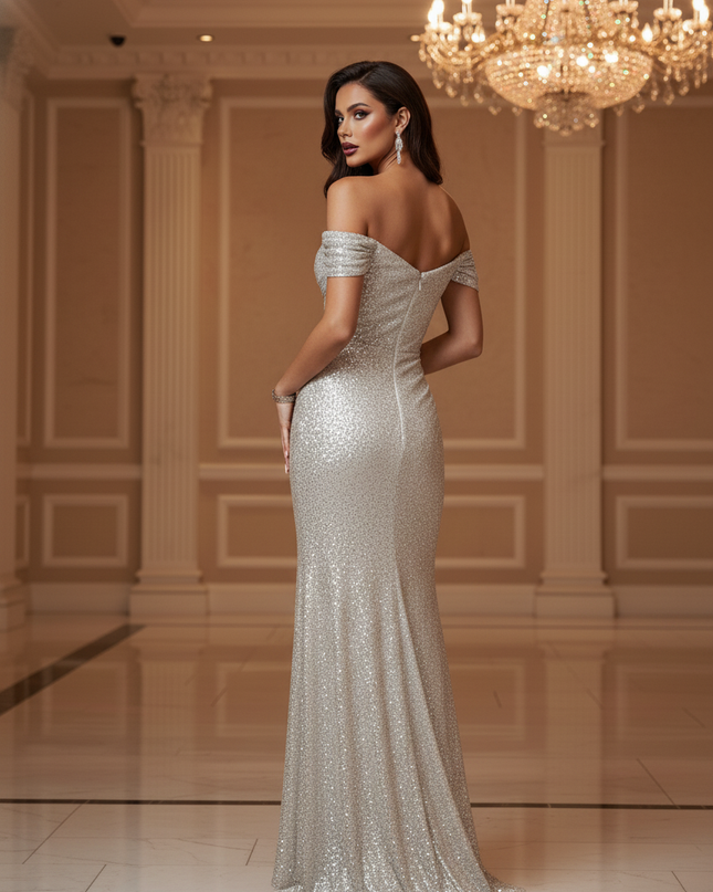Silbernes Glitzer Kleid Mit Schlitz - Ansicht 2