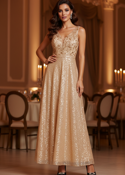Goldenes Glitzer Abendkleid Lang - Ansicht 1