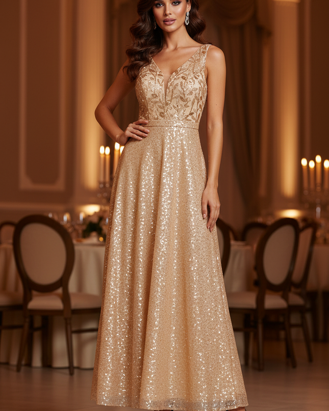 Goldenes Glitzer Abendkleid Lang - Ansicht 1