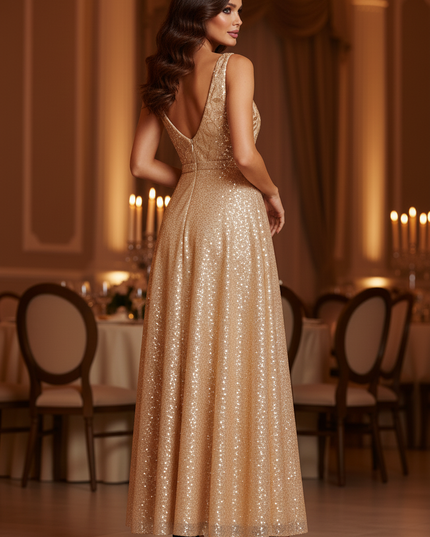 Goldenes Glitzer Abendkleid Lang - Ansicht 2