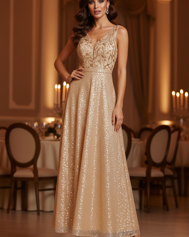 Goldenes Glitzer Abendkleid Lang - Ansicht 3