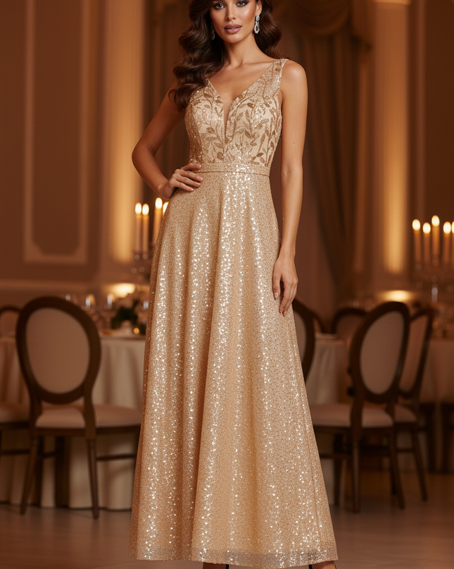 Goldenes Glitzer Abendkleid Lang - Ansicht 4