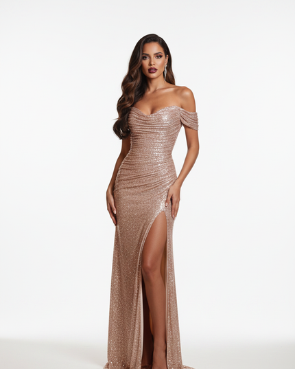 Gold Glitzerkleid Off-Shoulder Lang - Ansicht 5