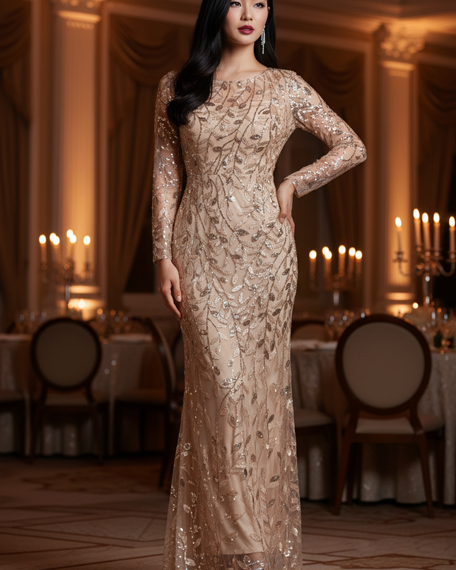 Gold Glitzerkleid Mermaid Langarm - Ansicht 1