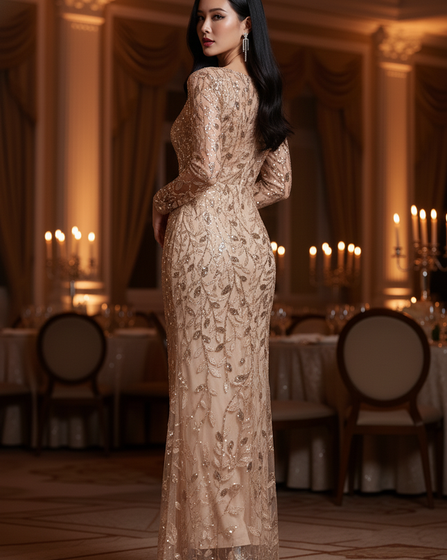 Gold Glitzerkleid Mermaid Langarm - Ansicht 2