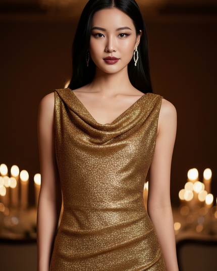 Goldenes Glitzer Kleid Aermellos Lang - Ansicht 4