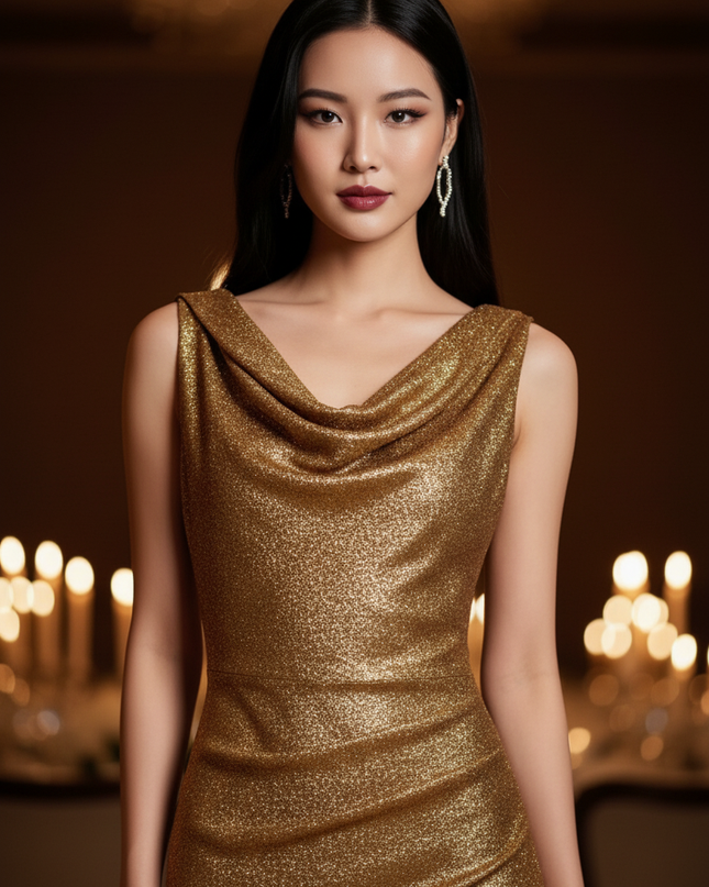 Goldenes Glitzer Kleid Aermellos Lang - Ansicht 4