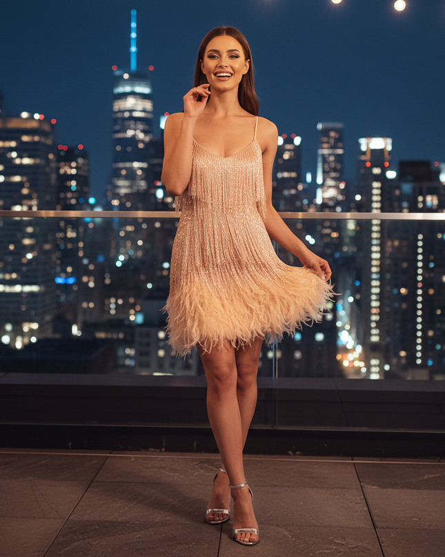 Goldenes Glitzerkleid mit Fransen - Ansicht 1
